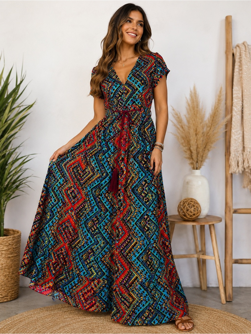 SHEIN Red & Blue Geometric V‑Neck Maxi Dress